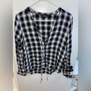 Express Plaid Lace-Up Blouse